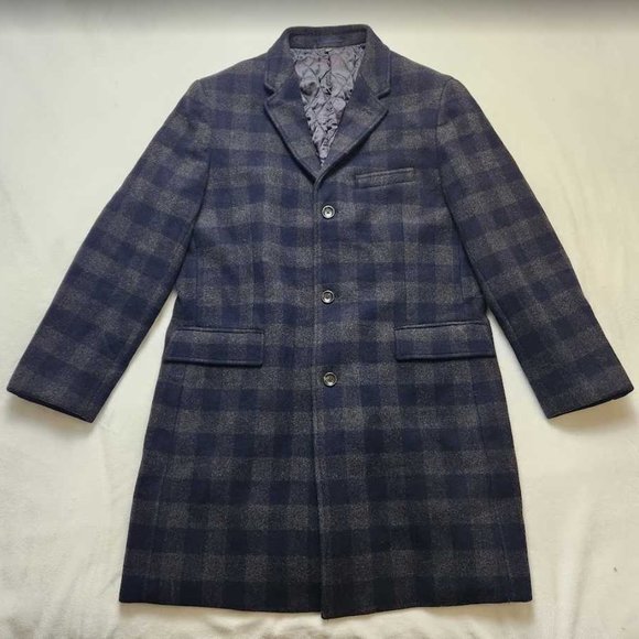 NEW MENS 46R J CREW LUDLOW TOPCOAT IN NAVY GREY PLAID WOOL BLEND TOP COAT - Picture 1 of 16